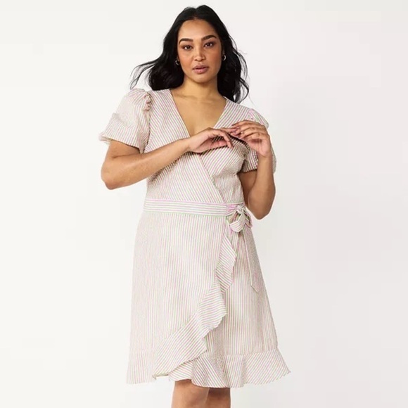 Draper James RSVP Wm XS Pink Green Striped Seersucker Puff Sleeve Wrap Dress NWT - Picture 1 of 13